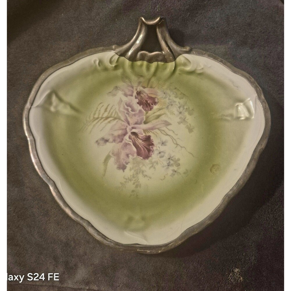 Antique Rosenthal RC Bavaria Iris Porcelain Dish Engraved Monogram Metal Rim